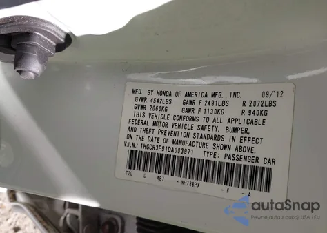 2013 Honda Accord Touring из США, поврежденный, VIN 1HGCR3F91DA003971